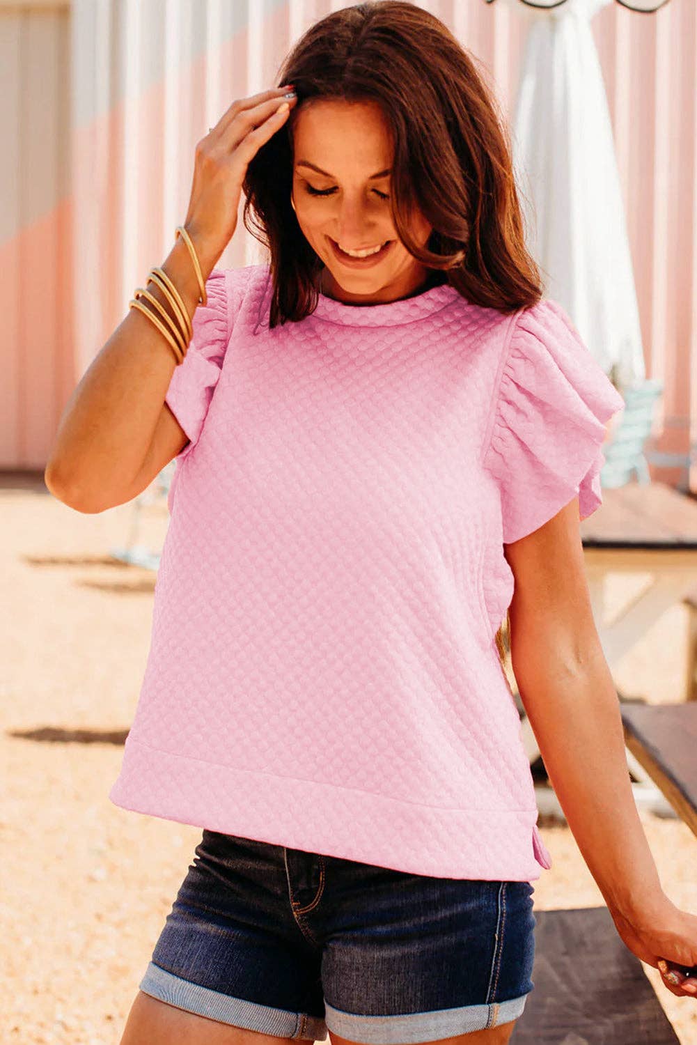 Pink Textured Ruffle Top