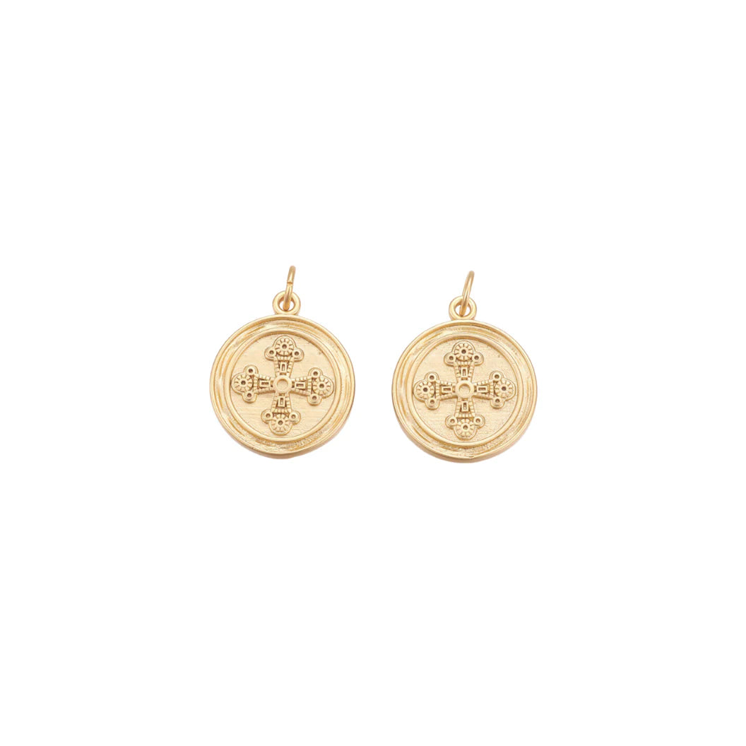 Gold Matte Filigree Cross Disc Charm